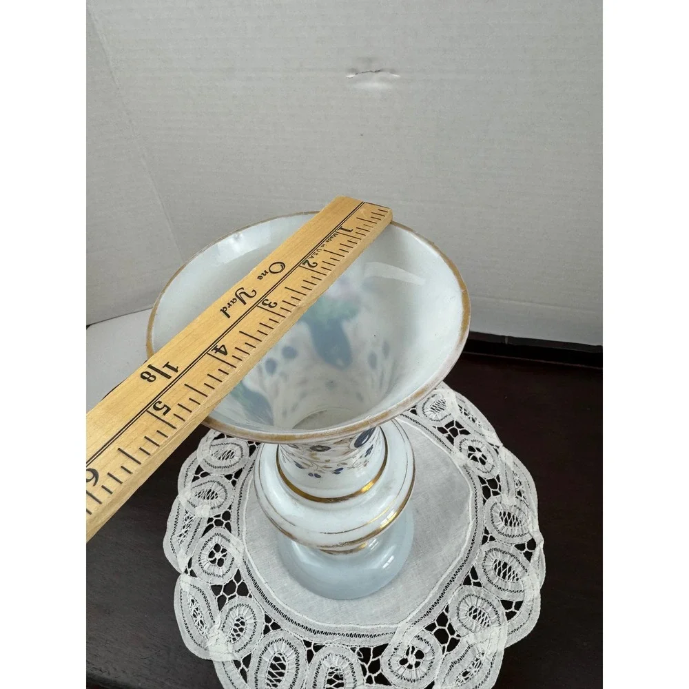 Antique 19thC Bohemian French Opaline Milk Glass Footed Vase Hand Painted Floral
